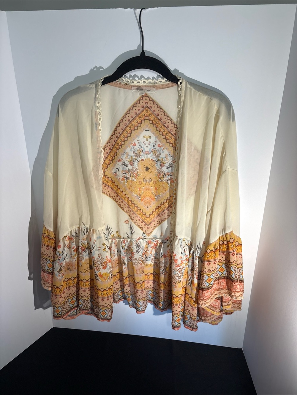 Taylor & Sage Cream Kimono with Mustard & Peach Band Print